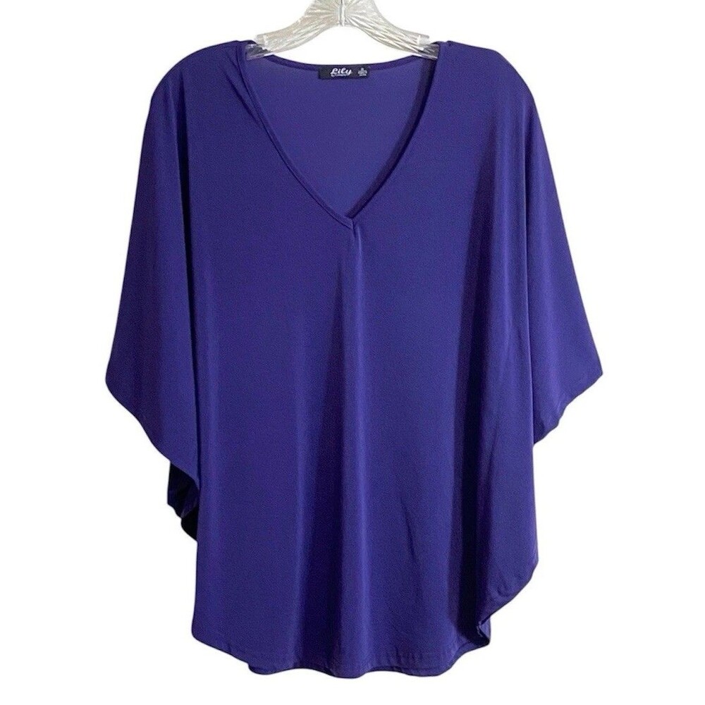 LILY By Firmiana Womens Purple V-Neck Poncho Blouse Sz Small Draped Sleeves Chic